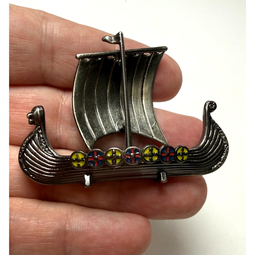 Vintage Mini Pewter Viking Ship Enamel Inlays Metal Ship Boat Scandinavian Decor